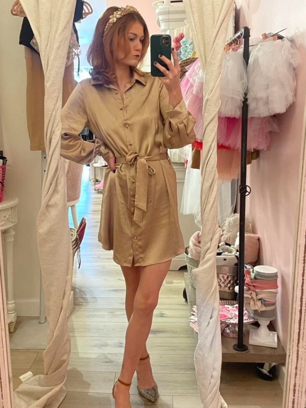 Gianni Bini Shimmery Tan Button-Front Shirt Dress